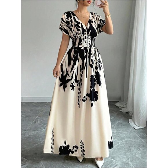 Women's Floral V Neck Maxi Dress Short Sleeve Smocked Flowing Summer Dress - Picture 5 of 5
